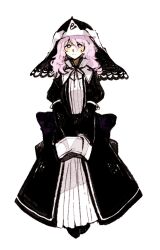 Rule 34 | 1girl, alternate costume, black headwear, black kimono, closed mouth, commentary, cropped legs, english commentary, highres, japanese clothes, kabocha1408, kimono, koumajou densetsu, koumajou densetsu 2, looking at viewer, medium hair, pink eyes, pink hair, saigyouji yuyuko, simple background, solo, touhou, triangular headpiece, white background