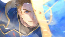 1boy 91007 armor artist_name blonde_hair blood blood_on_face blue_armor blue_eyes close-up closed_mouth commentary_request fire_emblem fire_emblem:_path_of_radiance gatrie_(fire_emblem) highres male_focus nintendo shield shirt short_hair signature solo sweat twitter_username watermark