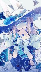 1girl animal_ears blonde_hair blue_dress blue_eyes bow bug butterfly butterfly_ring dress female_focus flower frilled_dress frills gloves hair_ribbon hat hinata_(echoloveloli) holding holding_letter hourglass insect jewelry letter long_hair looking_at_viewer love_letter original puffy_sleeves rabbit_ears ribbon ring solo sun_hat tagme watch