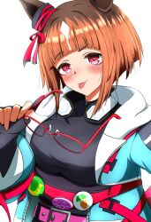 1girl :p animal_ears badge black_gloves black_shirt blue_jacket blush bow breasts brown_hair button_badge closed_mouth commentary_request ear_ribbon fingerless_gloves glasses gloves hand_up headphones headphones_around_neck highres holding holding_removed_eyewear hood hood_down hooded_jacket horse_ears horse_girl jacket large_breasts looking_at_viewer open_clothes open_jacket red-framed_eyewear red_eyes red_ribbon ribbon shirt short_hair simple_background solo tongue tongue_out transcend_(umamusume) umamusume unworn_eyewear upper_body white_background y_k_(user_maxh5525)