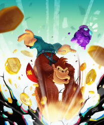 1boy blue_pants closed_eyes donkey_kong donkey_kong_(series) donkey_kong_bananza furry furry_male giacomobonus highres necktie nintendo odd_rock pants red_necktie signature solo