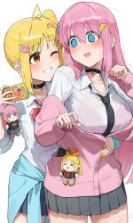 2girls :d @_@ absurdres ahoge black_choker black_necktie blonde_hair blue_eyes blue_skirt blush bocchi_the_rock! bow bowtie breasts cardigan cellphone character_charm character_hair_ornament charm_(object) choker clothes_around_waist collared_shirt commentary cowboy_shot gotoh_hitori gotoh_hitori_(octopus) grey_skirt grin hair_ornament highres holding holding_phone ijichi_nijika large_breasts long_hair long_sleeves multiple_girls necktie one_eye_closed open_cardigan open_clothes open_mouth phone pink_cardigan pink_hair pleated_skirt red_bow red_bowtie red_eyes school_uniform seisyuntarotto shimokitazawa_high_school_uniform shirt side_ponytail simple_background skirt smartphone smile symbol-only_commentary white_background white_shirt