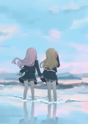 Rule 34 | 2girls, bang dream!, bang dream! it&#039;s mygo!!!!!, blue shirt, blue skirt, brown hair, chihaya anon, chinese commentary, commentary request, dazhong (dazhong02312), from behind, holding hands, long hair, multiple girls, nagasaki soyo, outdoors, pink hair, pleated skirt, reflection, reflective water, shirt, skirt, yuri