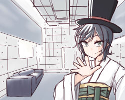 ahoge black_hair commentary couch green_eyes green_hakama hakama hat highres indoors jamiroquai japanese_clothes kantai_collection looking_at_viewer matsukaze_(kancolle) meiji_schoolgirl_uniform mini_hat mini_top_hat parody short_hair swept_bangs tatahai top_hat tsurime upper_body wavy_hair