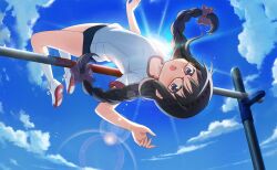 1girl akemi_homura artist_request bare_arms black_hair black_shorts blue_sky blush bow braid cloud day fingernails floating_hair full_body game_cg glasses grey_hairband hair_bow hairband highres jumping kneehighs light_blush light_particles light_rays long_hair low_twin_braids mahou_shoujo_madoka_magica mahou_shoujo_madoka_magica_magia_exedra nervous official_art open_mouth outdoors playing_sports purple_bow purple_eyes red-framed_eyewear shirt shoes short_shorts short_sleeves shorts sky sneakers socks solo sportswear studded_hairband sun sunlight t-shirt third-party_source twin_braids very_long_hair white_shirt white_shoes white_socks