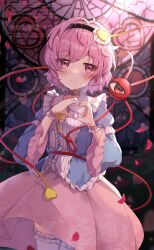 1girl absurdres black_hairband blue_shirt blush center_frills choker closed_mouth commentary_request cowboy_shot falling_petals floral_print frilled_sleeves frilled_thighhighs frills hair_between_eyes hair_ornament hairband heart heart_hair_ornament heart_hands highres komeiji_satori long_sleeves petals pink_choker pink_eyes pink_hair pink_skirt rose_print shirt short_hair skirt smile solo stained_glass thighhighs third_eye touhou watermark wheat_retzel white_thighhighs wide_sleeves wrist_cuffs