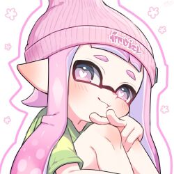 1girl amakusa_setoka beanie bright_pupils closed_mouth commentary_request hat heart heart-shaped_pupils inkling inkling_girl inkling_player_character long_hair nintendo pink_hat pointy_ears sitting smile solo splatoon_(series) splatoon_3 symbol-shaped_pupils tentacle_hair white_background white_pupils