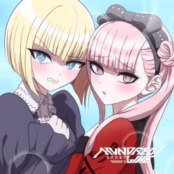 2girls animated animated_gif black_bow black_dress black_hairband black_headband blonde_hair blue_background blue_eyes blush bob_cut bow dress eyelashes female_focus flaired_sleeves hair_bow hairband hand_up headband logo long_hair long_sleeves looking_at_viewer multiple_girls oosuzuki_kurara open_mouth pink_eyes pink_hair red_shirt shirt simple_background teeth the_hundred_line_-last_defense_academy- title tsukumo_kako twintails upper_body