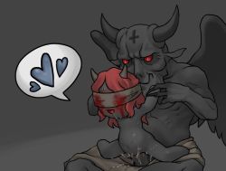1boy 1girl age_difference arm_grab beard black_skin blindfold blood bloody_tears colored_skin completely_nude covered_eyes cross cum cum_in_pussy demon_horns demon_wings facial_hair fingernails heart hetero horns inverted_cross lilith_(the_binding_of_isaac) loli long_fingernails medium_hair monster_girl navel nude open_mouth penis pussy red_eyes red_hair reverse_cowgirl_position satan_(the_binding_of_isaac) sex sharp_fingernails spoken_heart spread_legs straddling sweat the_binding_of_isaac tosx vaginal wings