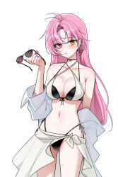 1girl antenna_hair bare_shoulders bikini black_bikini black_choker breasts choker cleavage closed_mouth cowboy_shot criss-cross_halter ear_piercing fang halterneck heterochromia highleg highleg_bikini highres holding holding_removed_eyewear jacket large_breasts layered_bikini long_hair looking_at_viewer mole mole_on_stomach mole_under_eye mole_under_mouth moonb3702 multi-strapped_bikini_top navel off_shoulder original piercing pink_eyes pink_hair sarong side-tie_bikini_bottom simple_background solo spaghetti_strap standing stomach string_bikini sunglasses swimsuit thighs unworn_eyewear wet white_background white_bikini white_jacket yellow_eyes