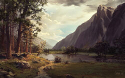 absurdres blue_sky branch bush cloud cloudy_sky commentary day english_commentary forest highres hill krita_(medium) landscape mountain mountainous_horizon nature no_humans original outdoors path patreon_username philipp_urlich pond road rock scenery signature sky sunlight tree twitter_username valley water