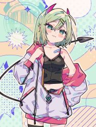 1girl bandaid bare_shoulders black_camisole black_thighhighs blush_stickers camisole commentary cowboy_shot demon_girl demon_horns demon_tail double-parted_bangs green_background green_hair hair_between_eyes hair_ornament hairclip highres horns jacket long_sleeves midriff navel notamaru_2 off_shoulder open_clothes open_jacket original outline parallel_hairclips parted_lips red_horns short_hair single_thighhigh solo tail thighhighs watermark white_jacket white_outline yellow_background
