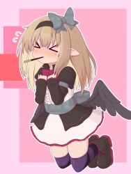 Rule 34 | &gt; &lt;, 1girl, absurdres, black boots, black dress, black hairband, black ribbon, black wings, blonde hair, blush, boots, dark feather alma, dress, embarrassed, emil chronicle online, flying sweatdrops, food, hairband, highres, pocky, pointy ears, purple thighhighs, ribbon, rna0, simple background, striped clothes, striped thighhighs, thighhighs, wings