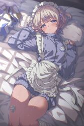 Rule 34 | 1girl, absent, absurdres, alternate costume, apron, banpen (todoroki hajime), blonde hair, blunt bangs, blush, character name, commentary, frilled apron, frills, hair ornament, hairclip, head on pillow, highres, hololive, hololive dev is, jacket, jersey maid, long sleeves, looking at viewer, lying, maid, maid headdress, multicolored hair, nail polish, name tag, no pants, on back, on bed, panties, pantyshot, parted lips, pillow, purple eyes, purple hair, purple jacket, purple nails, ribbed socks, short hair, sleeves past wrists, socks, solo, spoken blush, streaked hair, todoroki hajime, two side up, unconventional maid, underwear, virtual youtuber, white apron, white panties, white socks