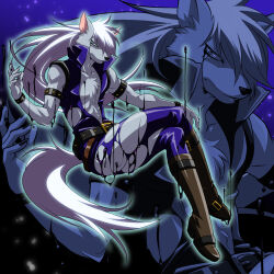 1boy armlet black_liquid blue_background blue_eyes blue_jumpsuit blue_theme body_fur boots claws commentary_request crossed_legs full_body furry furry_male grey_fur high_collar invisible_chair jewelry jumpsuit long_hair looking_at_viewer male_focus precure sitting sleeveless_jumpsuit smile_precure! solo studded_armlet tail torn_clothes very_long_hair wauwa white_hair wolf_boy wolfrun zoom_layer
