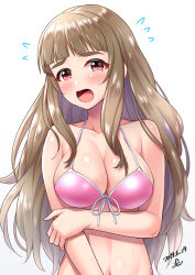 1girl arm_under_breasts bare_shoulders bikini blunt_bangs blush breasts brown_eyes brown_hair cleavage collarbone dated embarrassed eyebrows female_focus front-tie_bikini_top front-tie_top halterneck highres idolmaster idolmaster_cinderella_girls kamiya_nao large_breasts long_hair looking_at_viewer navel open_mouth pink_bikini red_eyes simple_background solo sweat swimsuit upper_body white_background yoohi