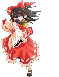 1girl alphes_(style) ascot between_fingers black_eyes black_hair black_shoes bow closed_mouth commentary_request dairi detached_sleeves dress empty_eyes full_body hair_bow hair_tubes hakurei_reimu holding large_variant_set long_sleeves ofuda parody red_bow red_dress shaded_face shoes socks solo style_parody tachi-e touhou transparent_background variant_set white_socks wide_sleeves