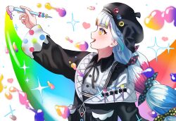 1girl absurdres akane_rouen_aloe beret braid colorful from_side hat highres hime_cut jacket jougasaki_noa long_hair magical_girl mahou_shoujo_no_majo_saiban multicolored_hair smile sparkle yellow_eyes