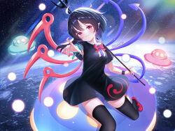 1girl absurdres asymmetrical_wings black_dress black_hair black_thighhighs blue_wings blush bow bowtie breasts buttons center_frills closed_mouth commentary_request dress earth_(planet) foot_out_of_frame footwear_bow frills highres holding holding_polearm holding_weapon houjuu_nue looking_at_viewer mary_janes medium_breasts medium_hair nue_day ohako_miyu planet pointy_ears polearm reaching reaching_towards_viewer red_bow red_bowtie red_eyes red_shoes red_wings shoes short_sleeves sitting sky smile snake solo space star_(sky) starry_sky thighhighs tomoe_(symbol) touhou trident ufo weapon wings wristband