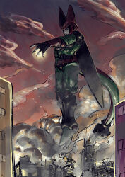 Rule 34 | 1boy, absurdres, black skin, black wings, cell (dragon ball), city, cityscape, closed mouth, cloud, cloudy sky, colored skin, destroyed city, destroying, destruction, dragon ball, dragonball z, dust, energy, energy ball, full body, green skin, hand up, highres, in air, light particles, looking ahead, looking down, male focus, midair, multicolored skin, obata2nd, outdoors, pectorals, perfect cell, pink eyes, red skin, red sky, sky, smile, smug, solo, spots, tail, white skin, wings, yellow skin