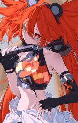 1girl absurdres ahoge animal_ears clothes_around_waist covered_collarbone cropped_shirt double-parted_bangs elbow_gloves eyepatch fake_animal_ears fingerless_gloves flame_print gam_1124 gloves hair_between_eyes hairstyle_request hand_on_own_hip highres holding holding_weapon jacket jacket_around_waist koleda_belobog looking_at_viewer navel orange_eyes orange_hair shirt single_elbow_glove sleeveless sleeveless_shirt solo weapon zenless_zone_zero
