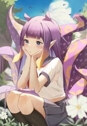 Rule 34 | 1girl, alternate costume, ayu (user xkhp7843), black socks, blue skirt, blue sky, blunt bangs, blush, closed mouth, cloud, commentary request, flower, hands on own cheeks, hands on own face, highres, hololive, hololive english, long hair, neckerchief, ninomae ina&#039;nis, outdoors, pleated skirt, pointy ears, purple hair, red neckerchief, school uniform, serafuku, shirt, short sleeves, skirt, sky, socks, solo, squatting, takodachi (ninomae ina&#039;nis), virtual youtuber, white flower, white shirt