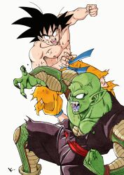 2boys anger_vein antennae barefoot black_eyes black_hair bruise bruise_on_face clenched_hand colored_skin commentary_request dragon_ball dragon_ball_(classic) duel fangs green_skin highres injury kakeru_(dbskakeru) male_focus multiple_boys muscular muscular_male open_mouth pants piccolo pointy_ears son_goku topless_male torn_clothes torn_pants