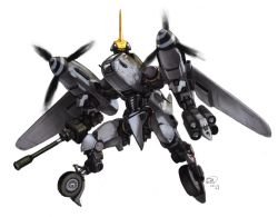 airplane_wing arm_cannon black_eyes boogwerks cable commentary english_commentary highres horns looking_at_viewer mecha original propeller robot science_fiction single_horn solo weapon wheel