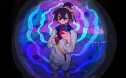 1boy bandage_over_one_eye bandaged_head bandages black_hair blue_shirt blush collared_shirt crossed_bangs eyeball gloves hair_between_eyes hairband highres holding holding_poke_ball jacket kieran_(pokemon) long_sleeves looking_at_viewer male_focus monitoring_(vocaloid) nintendo parody poke_ball poke_ball_(basic) pokemon pokemon_sv pov_peephole purple_hair red_gloves saesoon_dobby shirt shorts single_glove solo sweat white_jacket white_shorts yellow_hairband
