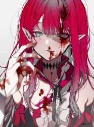 1girl baobhan_sith_(fate) baobhan_sith_(first_ascension)_(fate) blood blood_in_hair blood_in_mouth blood_on_body blood_on_clothes blood_on_face blood_on_hands blood_on_nose blurry blurry_foreground closed_mouth commentary dress fate/grand_order fate_(series) green_eyes grey_background highres injury long_hair long_sleeves looking_at_viewer mochizuki_kei pointy_ears red_dress red_hair signature simple_background solo_focus tearing_up torn_clothes torn_dress