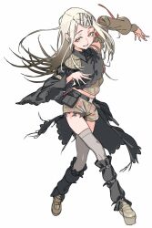 1girl belt blonde_hair contrast_(idolmaster) flat_chest full_body gakuen_idolmaster haimura_kiyotaka highres idolmaster long_hair looking_at_viewer orange_eyes platform_shoes shinosawa_hiro shorts simple_background sketch smile solo thighhighs white_background