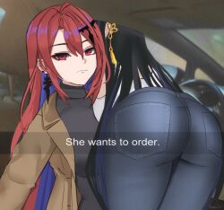 2girls ahoge ass black_hair blue_hair car_interior closed_mouth colored_inner_hair denim drive-thru elizabeth_rose_bloodflame english_text he_wants_to_order_(meme) hololive hololive_english jeans long_hair looking_at_viewer meme multicolored_hair multiple_girls nerissa_ravencroft pants red_eyes red_hair selfie senpaisif snapchat steering_wheel virtual_youtuber