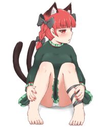 Rule 34 | animal ear fluff, animal ears, barefoot, black bow, bow, breasts, cat ears, cat girl, cat tail, commentary request, dress, extra ears, full body, green dress, hair bow, kaenbyou rin, knees up, long sleeves, looking at viewer, medium hair, multiple tails, nekomata, nishishi, panties, pantyshot, red eyes, red nails, simple background, sitting, tail, touhou, two tails, underwear, white background, white panties