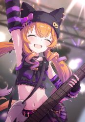 1girl alternate_hairstyle animal_ears arm_up armpits blurry blurry_background blush breasts closed_eyes electric_guitar guitar hair_between_eyes hair_ornament hat highres horse_ears horse_girl horse_tail instrument mayano_top_gun_(umamusume) midriff mirukuberu navel official_alternate_costume open_mouth orange_hair ribbon small_breasts solo stage sweat tail umamusume
