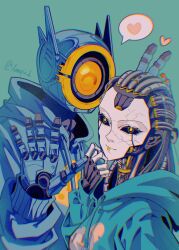 1boy 1girl ^_^ android animification apex_legends aqua_background ash_(titanfall_2) black_sclera blue_hoodie bunny_ears_prank chinese_commentary closed_eyes clothed_robot colored_sclera danieldanlllll heart highres hood hood_down hoodie humanoid_robot metal_skin one-eyed open_hand orange_eyes pathfinder_(apex_legends) robot simulacrum_(titanfall) smile twitter_username