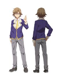 Rule 34 | anime coloring, arm up, back, blue jacket, brown eyes, brown hair, closed mouth, collared shirt, freckles, full body, glasses, grey pants, hand on own hip, highres, hitoribocchi no isekai kouryaku, jacket, looking at viewer, male focus, multiple views, nakano keiya, necktie, open hand, ota a (hitoribocchi no isekai kouryaku), pants, school uniform, shirt, shoes, simple background, smile, solo, standing, transparent background, white shirt, yellow necktie
