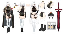 1girl absurdres aiguillette bare_shoulders black_cape black_dress black_footwear black_gloves black_hairband black_panties breasts cape reference_sheet color_guide commentary_request commission crop_top dress epaulettes from_behind full_body gloves gold_trim hair_ornament hair_over_one_eye hairband hairclip hand_on_own_hip highres kiriel&#039;s_character korean_commentary lace lace-trimmed_panties lace_trim large_breasts lingerie long_hair looking_at_viewer mole mole_on_breast navel nogong original panties pelvic_curtain revealing_clothes second-party_source shoes short_dress side-tie_panties sideboob sideless_dress skindentation sleeveless sleeveless_dress standing stomach string_panties sword thigh_strap thighhighs thighs underwear very_long_hair weapon white_hair white_thighhighs yellow_eyes