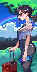 1girl ass black_hair black_necktie black_pants blue_sky bottle bra_visible_through_clothes breasts brown_eyes chainsaw_man day fiji_water hair_ornament hairclip higashiyama_kobeni highres holding holding_bottle medium_breasts mole mole_under_eye necktie outdoors pants pantylines ponytail rainbow ribosoma_42 rolling_suitcase shirt short_ponytail single_sidelock sky solo suitcase sweat sweaty_clothes water_bottle wet wet_clothes wet_shirt