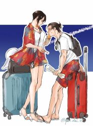 1boy 1girl backpack bag black_bag black_hair blue_background border breasts brown_hair cleavage collarbone eating eren_yeager full_body hair_between_eyes hair_bun hawaiian_shirt holding holding_ice_cream_cone holding_map ice_cream_cone looking_at_another map medium_breasts medium_hair mikasa_ackerman print_shirt print_shorts qui_dui_zi red_shirt red_shorts rolling_suitcase sandals shingeki_no_kyojin shirt shoes short_hair shorts shoulder_pouch sitting sitting_on_object standing suitcase sweatdrop t-shirt twitter_username white_border white_shirt white_shoes