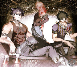 3boys absurdres ahoge arm_belt arm_tattoo artist_name bandaged_chest bandages belt belt_buckle black_belt black_boots black_collar black_gloves black_hair black_pants black_tank_top blonde_hair blue_eyes boots bottle buckle chain closed_mouth collar collarbone commentary crossed_legs dog_tags ear_piercing earrings elbow_gloves english_commentary facial_scar fingerless_gloves genshin_impact gloves gold_earrings gradient_hair green_eyes green_hair grey_hair grey_pants grin hair_between_eyes hair_over_one_eye hand_on_own_hip highres honkai:_star_rail honkai_(series) jewelry kamino_eru lighter_(zenless_zone_zero) long_hair looking_at_viewer male_focus mihoyo multicolored_hair multiple_boys mydei_(honkai:_star_rail) necklace one_eye_covered pants parted_bangs parted_lips pectorals piercing red_hair red_pupils scar scar_on_arm scar_on_cheek scar_on_face shirt short_hair short_sleeves shoulder_tattoo sideways_glance sitting smile smirk spiked_collar spikes standing streaked_hair stud_earrings tank_top tattoo teeth torn_clothes torn_pants torn_shirt v-shaped_eyebrows wallet_chain water_bottle watermark wriothesley_(genshin_impact) yellow_eyes zenless_zone_zero zipper zipper_pull_tab