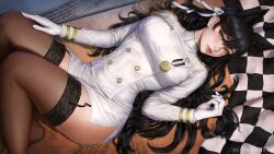 1girl aiguillette animal_ears artist_name atago_(azur_lane) azur_lane black_garter_straps black_hair black_thighhighs breasts brown_eyes buttons checkered_flag closed_mouth curvy double-breasted double-parted_bangs epaulettes extra_ears flag foot_out_of_frame full_body garter_straps gloves gold_trim hair_between_eyes hair_ribbon hair_spread_out hand_in_own_hair hand_on_own_leg hand_on_own_thigh high_collar large_breasts long_hair long_sleeves looking_at_viewer lying mature_female medal military military_uniform mole mole_under_eye naval_uniform nose on_back pale_skin pencil_skirt pink_lips race_queen realistic ribbon sciamano240 sidelocks sitting skindentation skirt solo thick_thighs thighhighs thighs twirling_hair white_gloves white_skirt wolf_ears wolf_girl