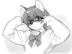 1girl adjusting_eyewear bespectacled body_fur claws commentary_request dog_girl furry furry_female glasses greyscale hands_up kikurage_(crayon_arts) looking_at_viewer monochrome original school_uniform short_hair solo sweater upper_body