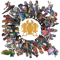 Rule 34 | 6+boys, 6+girls, absurdres, arm fins, armor, azami (saga), beads, bear (romancing saga 2), beard, black hair, blacksmith (romancing saga 2), blonde hair, blue eyes, blue hair, bracelet, breasts, brown footwear, brown hair, cat (romancing saga 2), character request, cleavage, coppelia (romancing saga 2), court mage (romancing saga 2), crown, crusader (romancing saga 2), dancer (romancing saga 2), emerald (romancing saga 2), everyone, facial hair, fingerless gloves, fins, flower, frosty (romancing saga 2), gellard (romancing saga 2), gloves, goggles, goggles on head, green eyes, green hair, grey hair, hair beads, hair flower, hair ornament, hat, head fins, hector (romancing saga 2), henrique (romancing saga 2), highres, james (romancing saga 2), jewelry, leon (romancing saga 2), licorice (romancing saga 2), magatama, magatama necklace, mask, midriff, multicolored hair, multiple boys, multiple girls, mustache, navel, necklace, ninja (romancing saga 2), orange hair, pepe dqx, pink hair, ponytail, protagonist (romancing saga 2), purple eyes, purple hair, ranger (romancing saga 2), red flower, red footwear, red hair, red rose, ring, romancing saga 2, rose, saga, shield, sofia (romancing saga 2), teacher (saga 2), therese (romancing saga 2), thetis (romancing saga), turban, unicorn, vagabond (romancing saga 2), white hair, wings