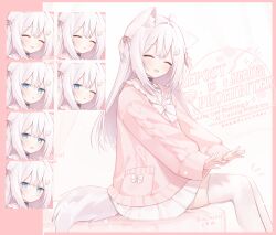 Rule 34 | 1girl, :d, absurdres, ahoge, animal ear fluff, animal ears, artist name, belt, belt collar, black belt, blush, bow, cat ears, cat girl, cat tail, chest bow, closed eyes, collar, commission, from side, hair ornament, hair ribbon, hairpin, highres, kumo tabetai, long hair, looking at viewer, multiple faces, open mouth, original, pink ribbon, pink sweater, ribbon, sitting, skeb commission, skirt, sleeves past wrists, smile, solo, sweater, tail, thighhighs, watermark, white bow, white hair, white skirt, white thighhighs, zettai ryouiki