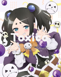 Rule 34 | 1girl, beads, belt, black dress, black hair, blue eyes, blush, capelet, character name, closed mouth, doyagao, dress, english text, futoku no guild, hair beads, hair ornament, highres, kaneko hiraku, long sleeves, looking at viewer, palms, purple capelet, short eyebrows, shrugging, skull, smile, smug, solo, striped sleeves, teeth, thick eyebrows, tokishikko dana, twintails, upper body