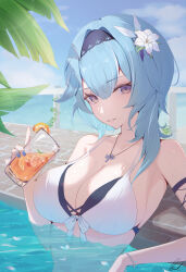 Rule 34 | 1girl, absurdres, alternate costume, bikini, black hairband, blue hair, blue nails, blue sky, breasts, cross, cross necklace, cup, day, eula (genshin impact), flower, genshin impact, glass, hair flower, hair ornament, hairband, highres, holding, holding cup, jewelry, large breasts, looking at viewer, nail polish, necklace, outdoors, parted lips, partially submerged, pisuke (user kcmh2774), purple eyes, signature, sky, solo, swimsuit, water, white bikini, white flower