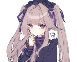 1girl alternate_costume alternate_hairstyle blush brown_hair genshou_ex herta_(honkai:_star_rail) honkai:_star_rail honkai_(series) long_hair looking_at_viewer purple_eyes simple_background sketch twintails white_background