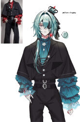 Rule 34 | 1boy, :|, ?, absurdres, alternate costume, anaxa (honkai: star rail), aqua ascot, aqua hair, aqua shirt, arm at side, belt, belt buckle, black belt, black jacket, black pants, black ribbon, brooch, buckle, clenched hand, closed mouth, cowboy shot, crossed bangs, crown, crystal earrings, earrings, expressionless, eyepatch, frilled shirt collar, frilled sleeves, frills, hair between eyes, hair intakes, hair over shoulder, hair ribbon, hand on own hip, hand tattoo, hashtag-only commentary, highres, honkai: star rail, honkai (series), jacket, jewelry, lace-trimmed sleeves, lace trim, lapel chain, lapels, layered sleeves, long hair, long sleeves, looking at viewer, low ponytail, male focus, mini crown, multicolored eyes, multiple belts, notched lapels, pants, ponytail, reference inset, ribbon, shirt, short-sleeved jacket, short over long sleeves, short sleeves, simple background, single earring, solo, spoken question mark, standing, star brooch, tattoo, tilted headwear, twitter username, two-tone eyes, white background, yoshiko (rizz cinax)