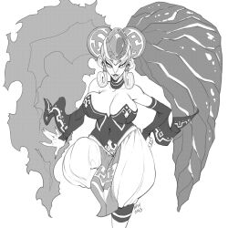 1girl artist_request big_nose blush breasts bridal_gauntlets choker cleavage closed_eyes collarbone covered_navel detached_sleeves eyeshadow facing_viewer fingernails forehead_jewel greyscale hand_on_own_hip harem_pants large_breasts lipstick long_fingernails long_hair makeup monochrome nintendo pants parted_lips smile solo source_request the_legend_of_zelda the_legend_of_zelda:_ocarina_of_time twinrova twintails