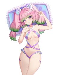 absurdres bird breasts green_hair hair_ornament highres immy_bisou_(artist) looking_at_viewer medium_breasts multicolored_eyes multicolored_hair official_art pillow pink_hair purple_eyes seashell shell stronny_cuttles transparent_background twintails vallure virtual_youtuber yellow_eyes